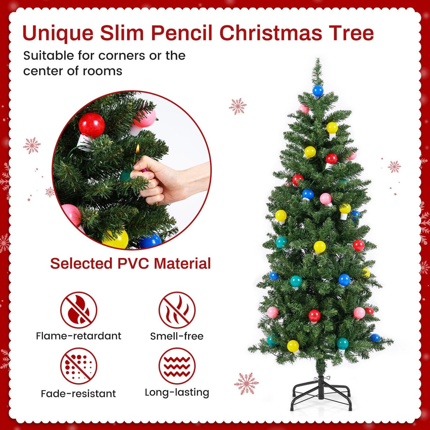 150 CM Pre-Lit Artificial Slim Pencil Hinged Christmas Tree with 39 Multicolored Globe LED Lights