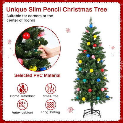 150 CM Pre-Lit Artificial Slim Pencil Hinged Christmas Tree with 39 Multicolored Globe LED Lights