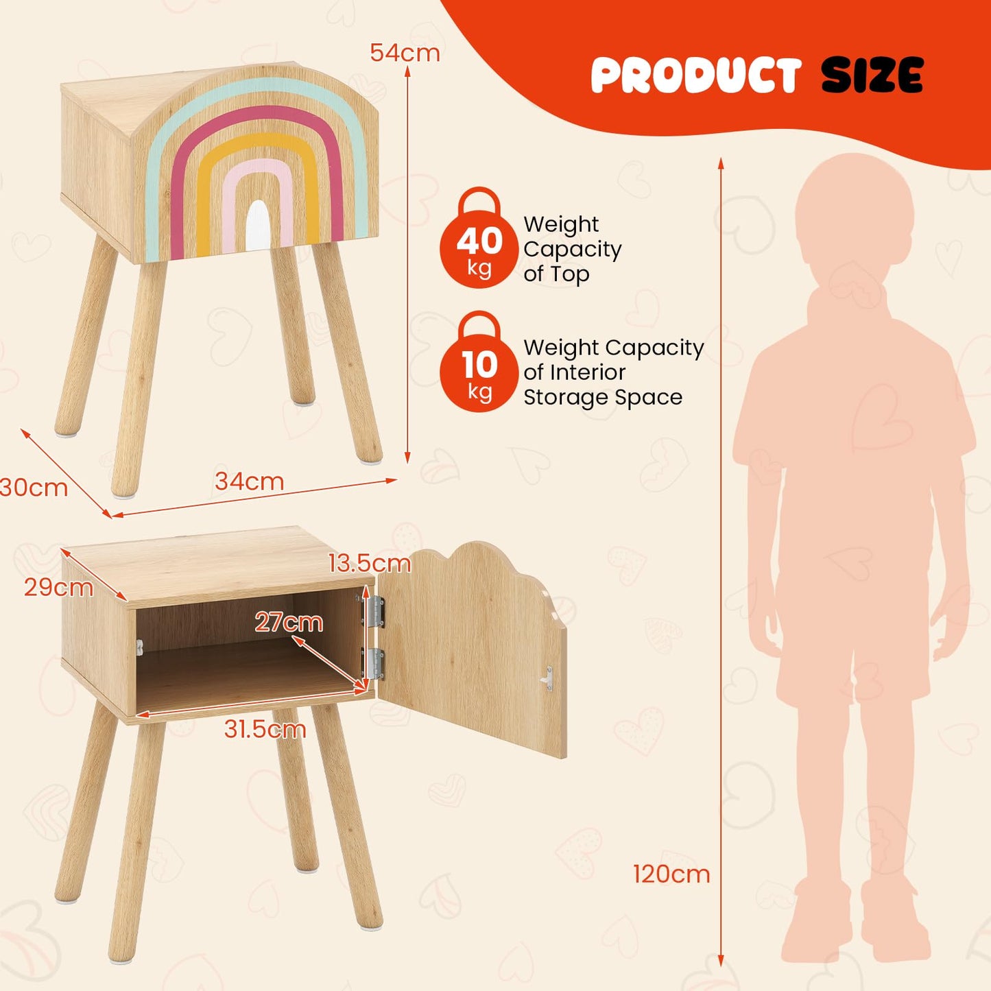 Kids Nightstand Set of 2 with Rainbow and Cloud Patterns