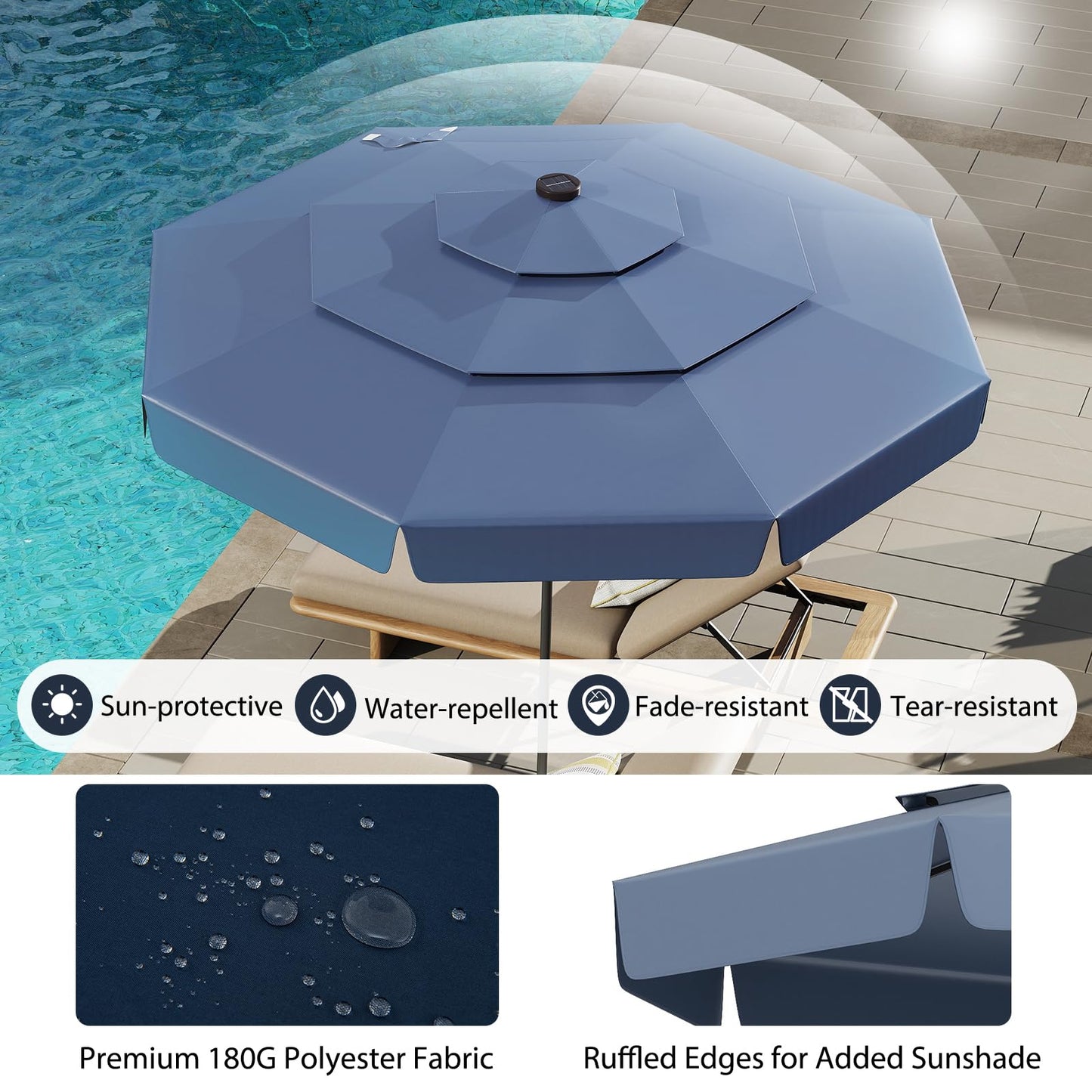 295 cm Solar Patio Umbrella with 32 LED Lights and 3-Tier Vented Top