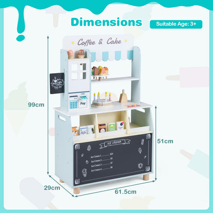 Kids Ice Cream Shop, Wooden Grocery Store Playset with 27 Accessories