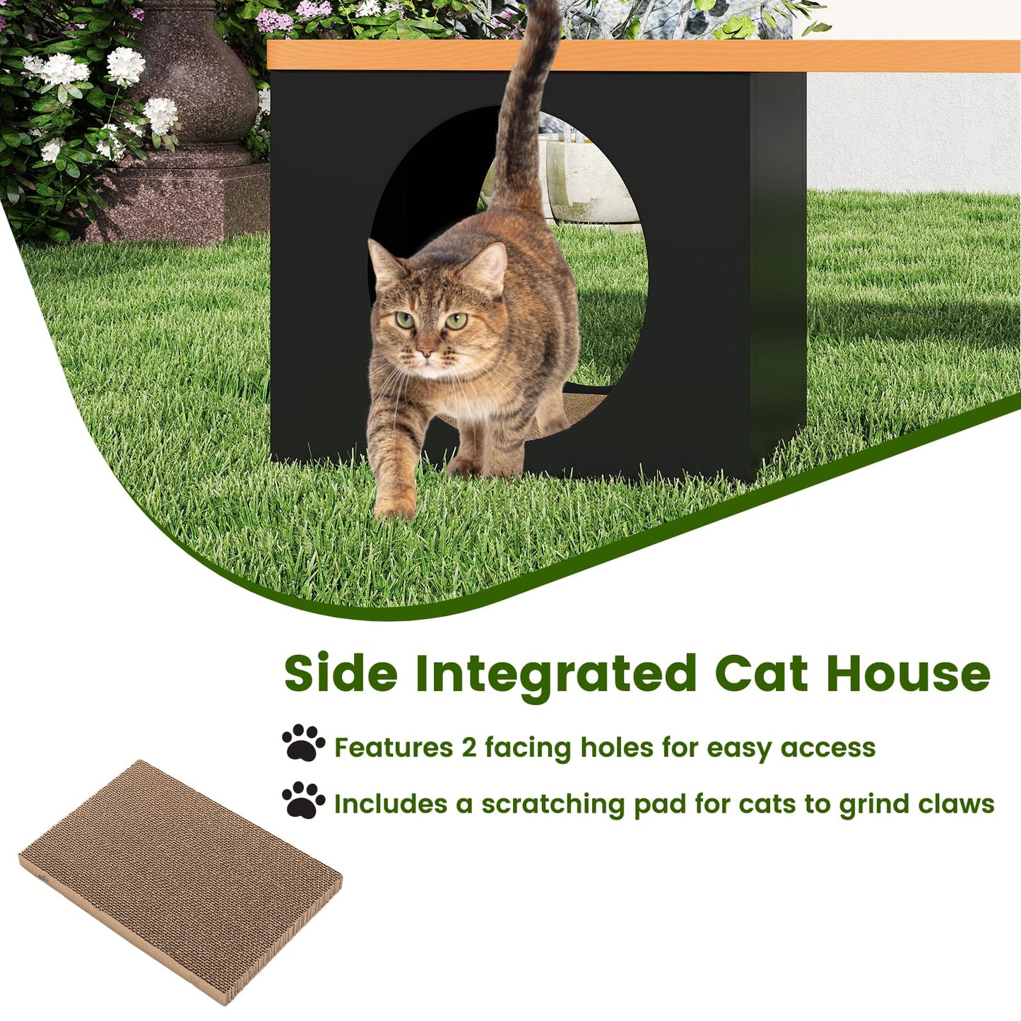 150 CM 3-Person Long Outdoor Metal Bench with Cat House and Scratching Pad