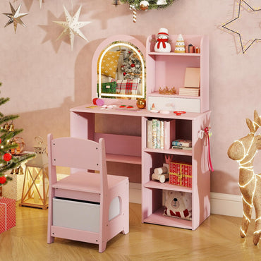 Kids Vanity Table and Chair Set with 3-color Lighted Mirror for 3+ Years Old