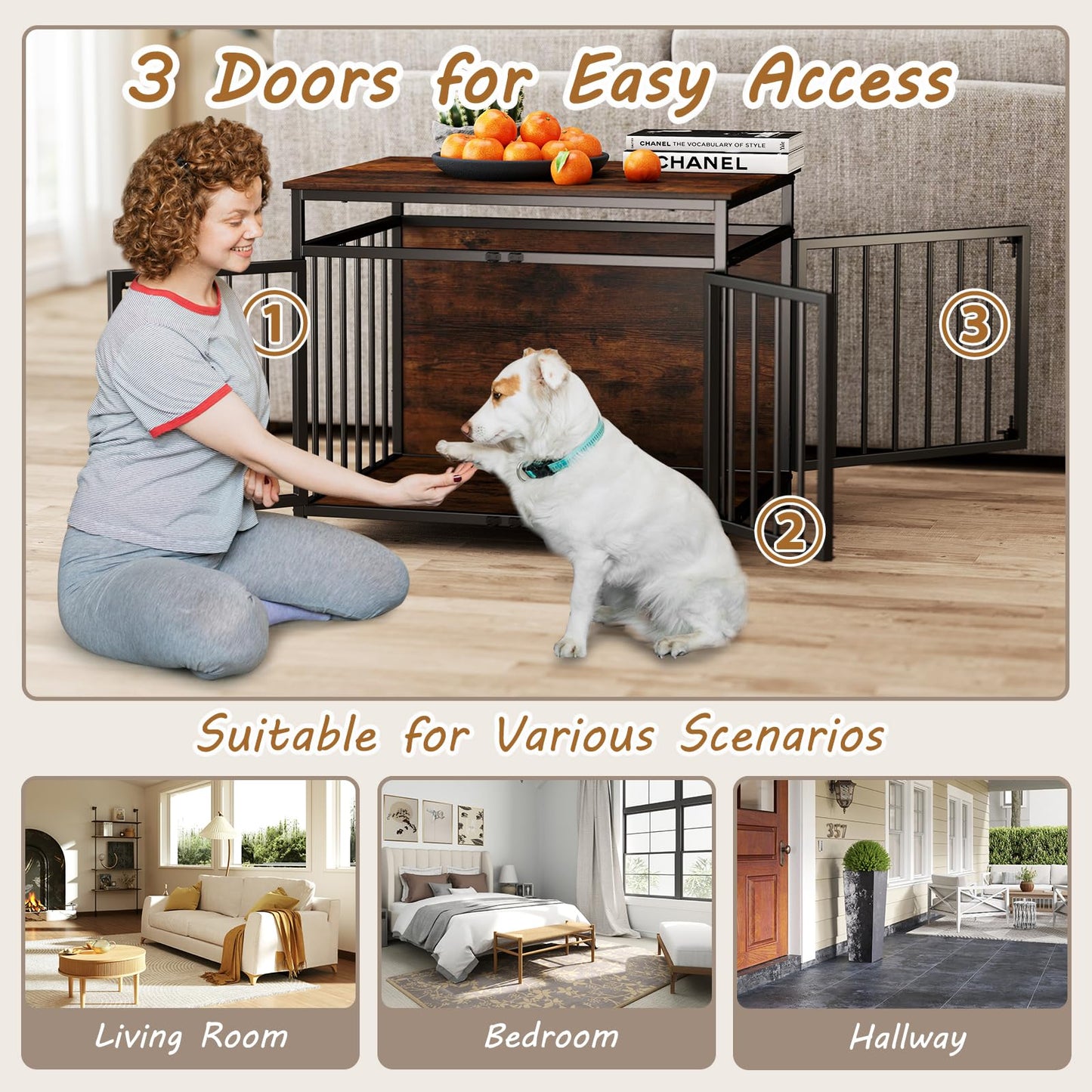 Wooden Dog Cage with Lockable Doors & Hollow Top