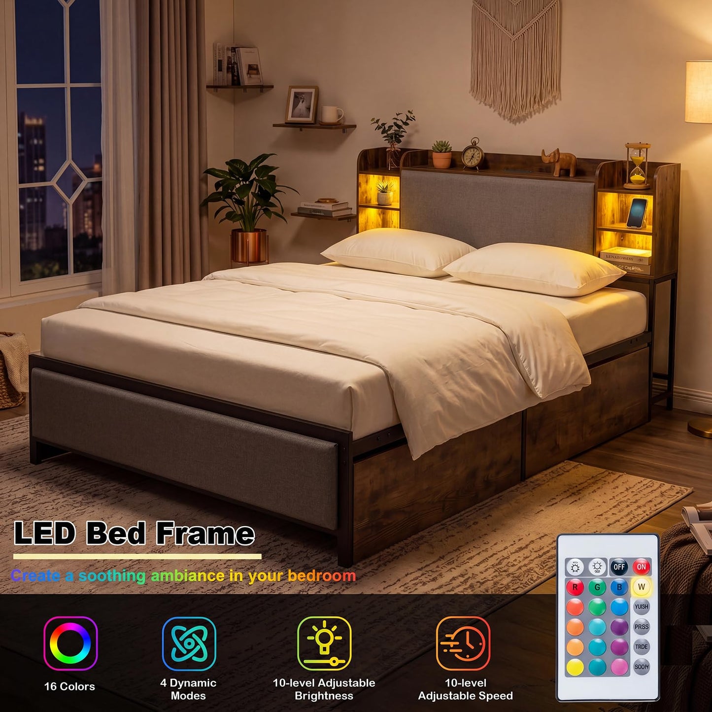 Double/King Size Bed Frame with LED Lights, Charging Station, Storage Headboard