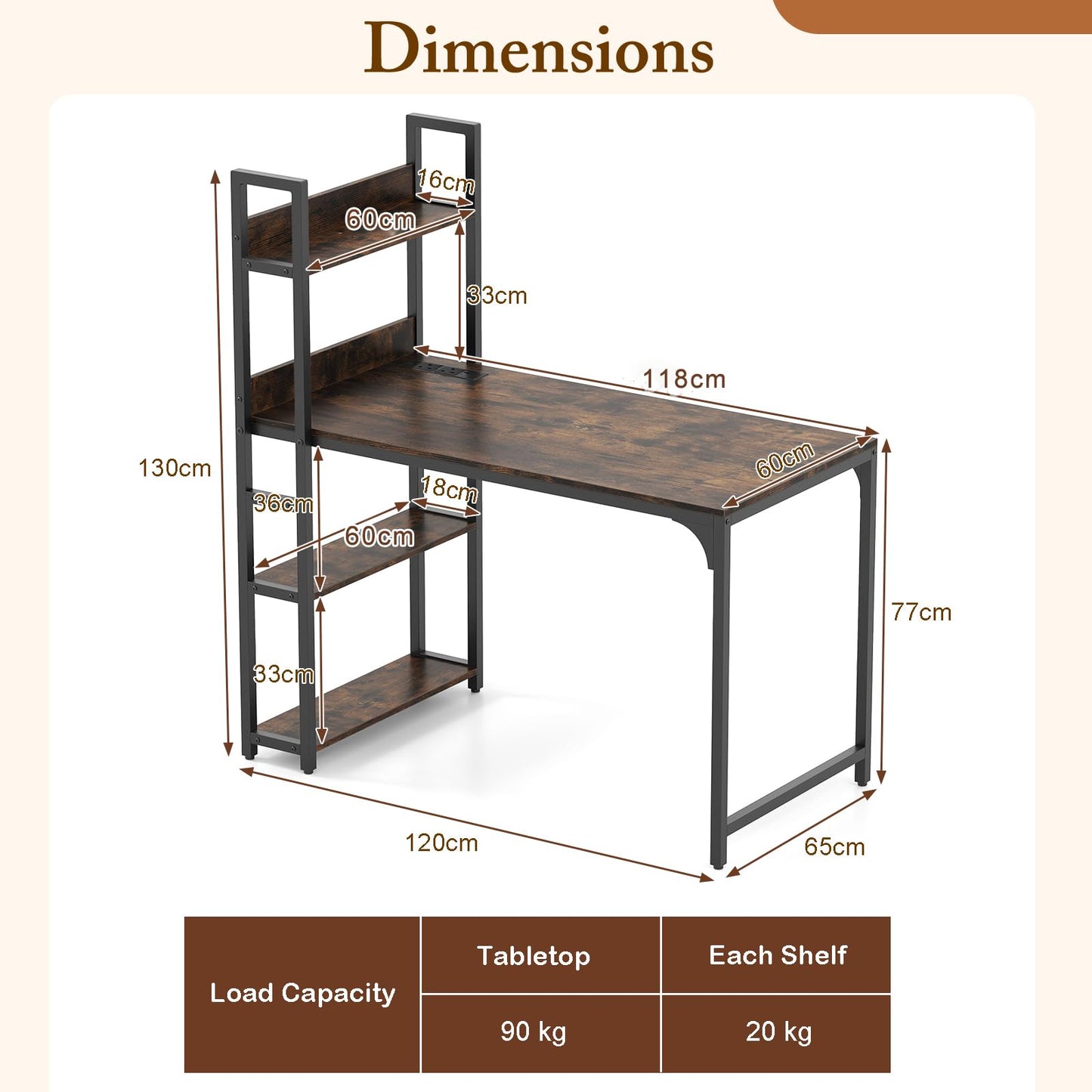Computer Desk with Power Strip 120 CM Study Writing Desk with Bookshelf