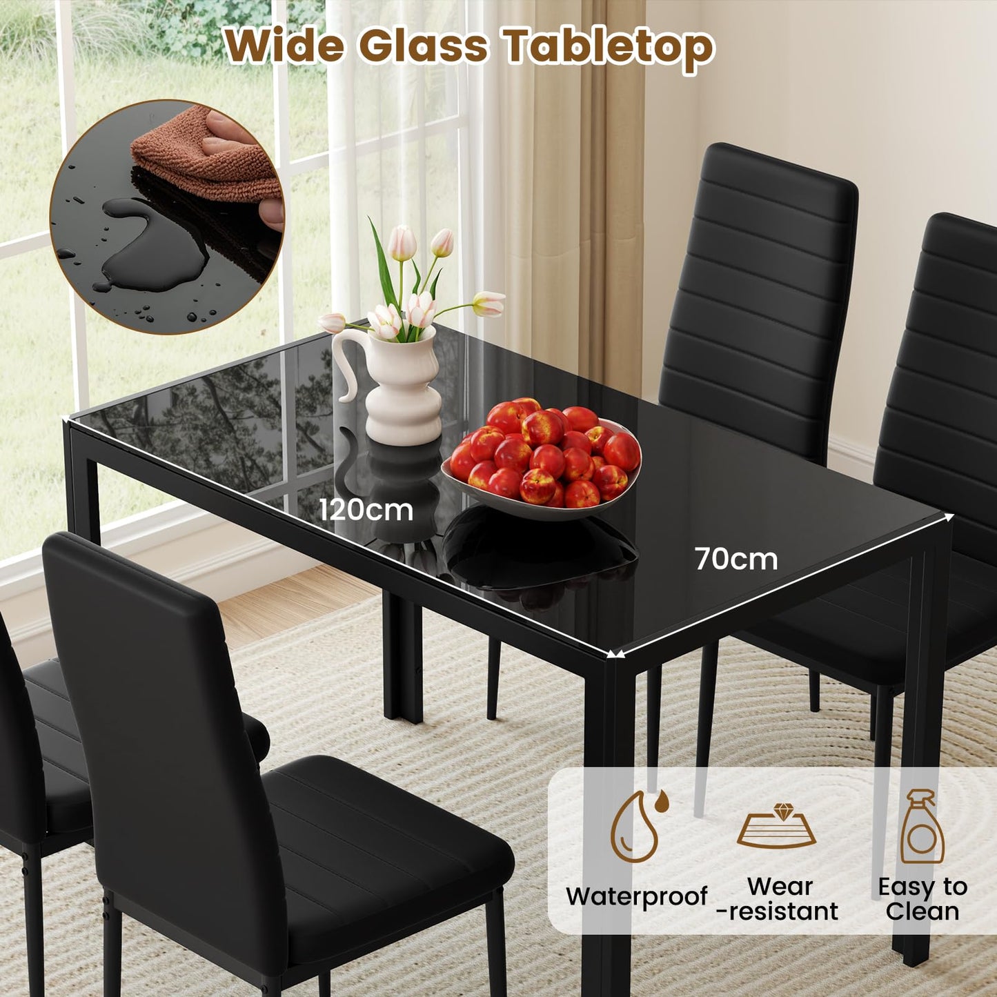5 Pieces Kitchen Table and 4 Upholstered Chairs with High Backrest & Glass Tabletop