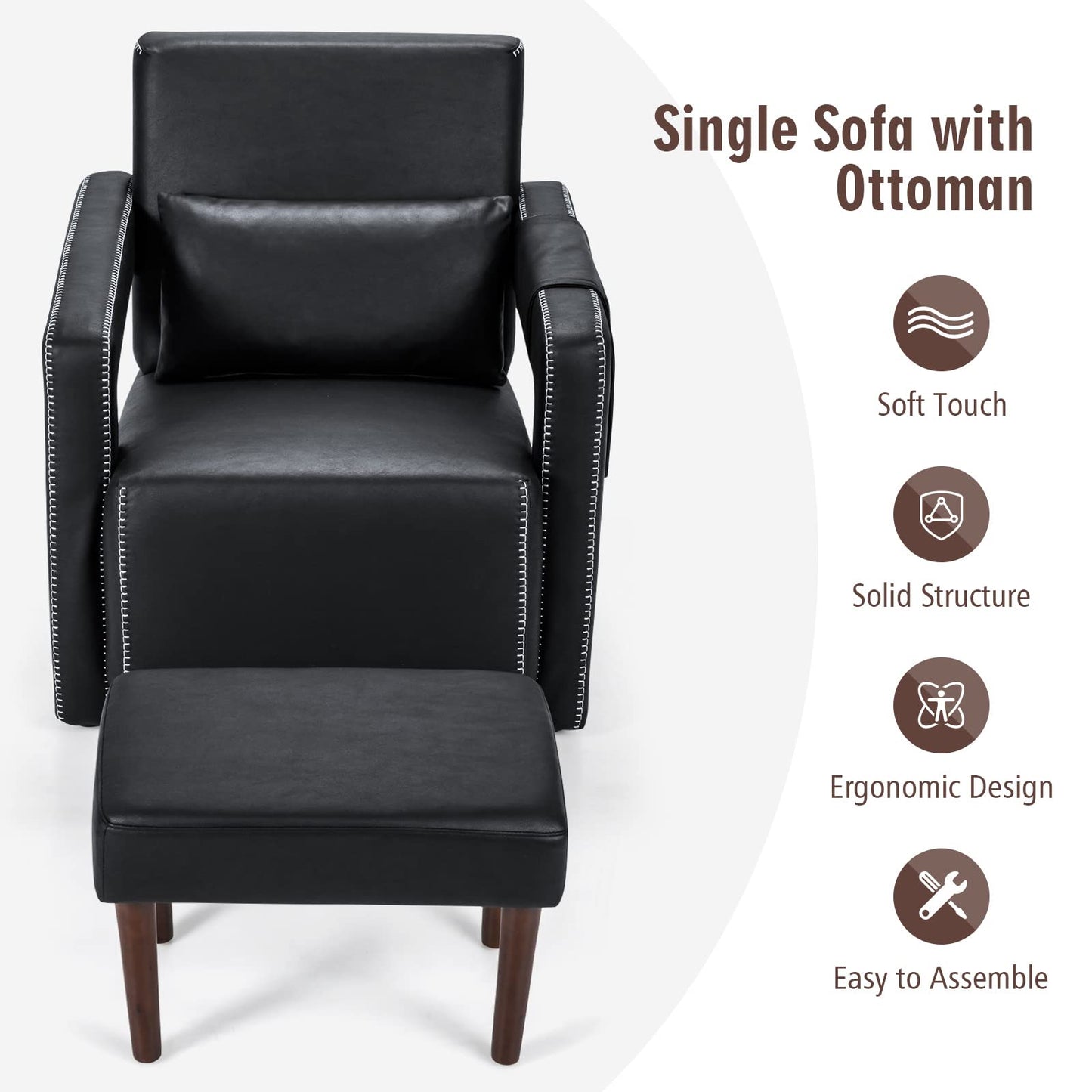 Modern Upholstered Padded Accent Chair with Footstool and Lumbar Pillow