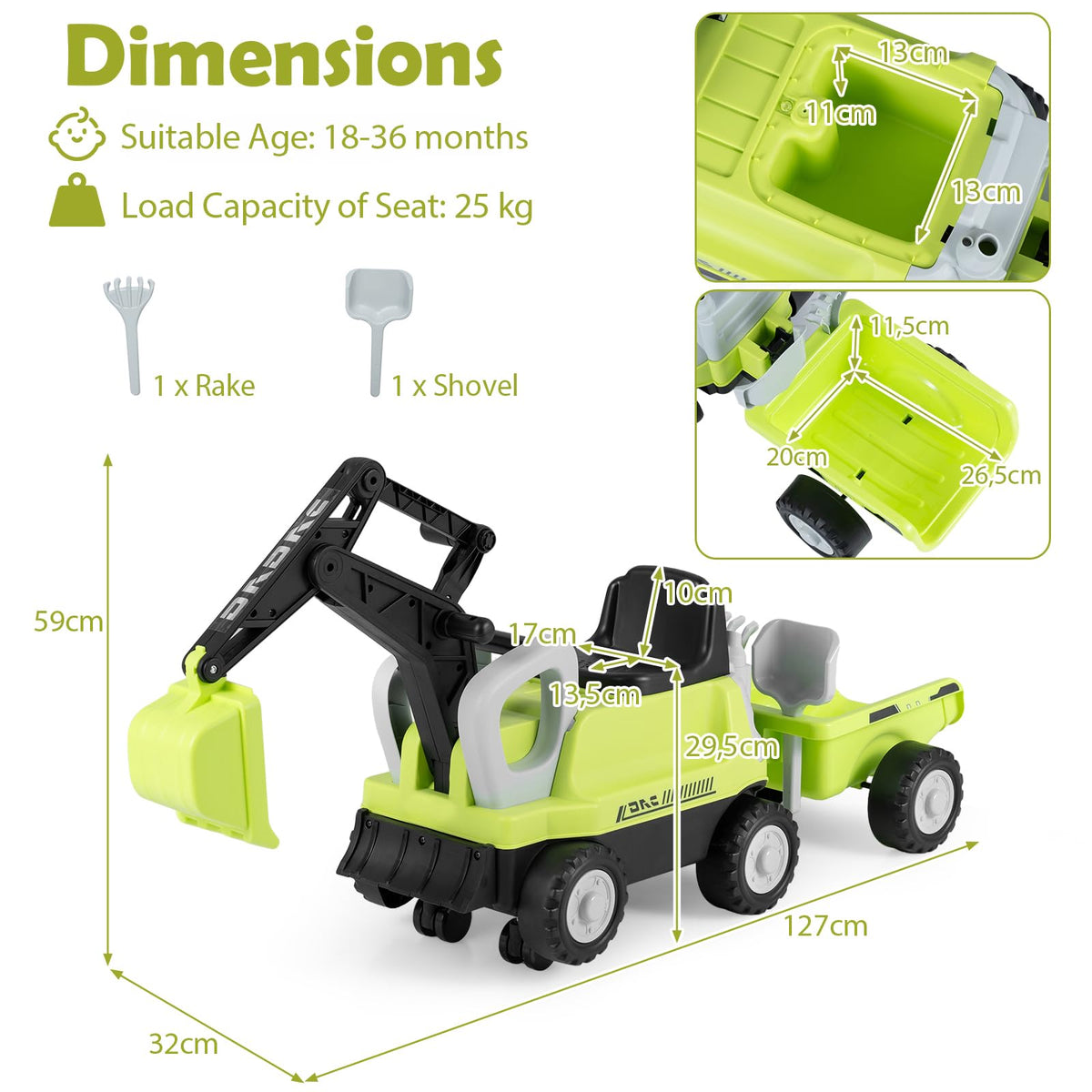 2-In-1 Ride on Push Car with Detachable Trailer and Rake Shovel for Ages 1.5-3