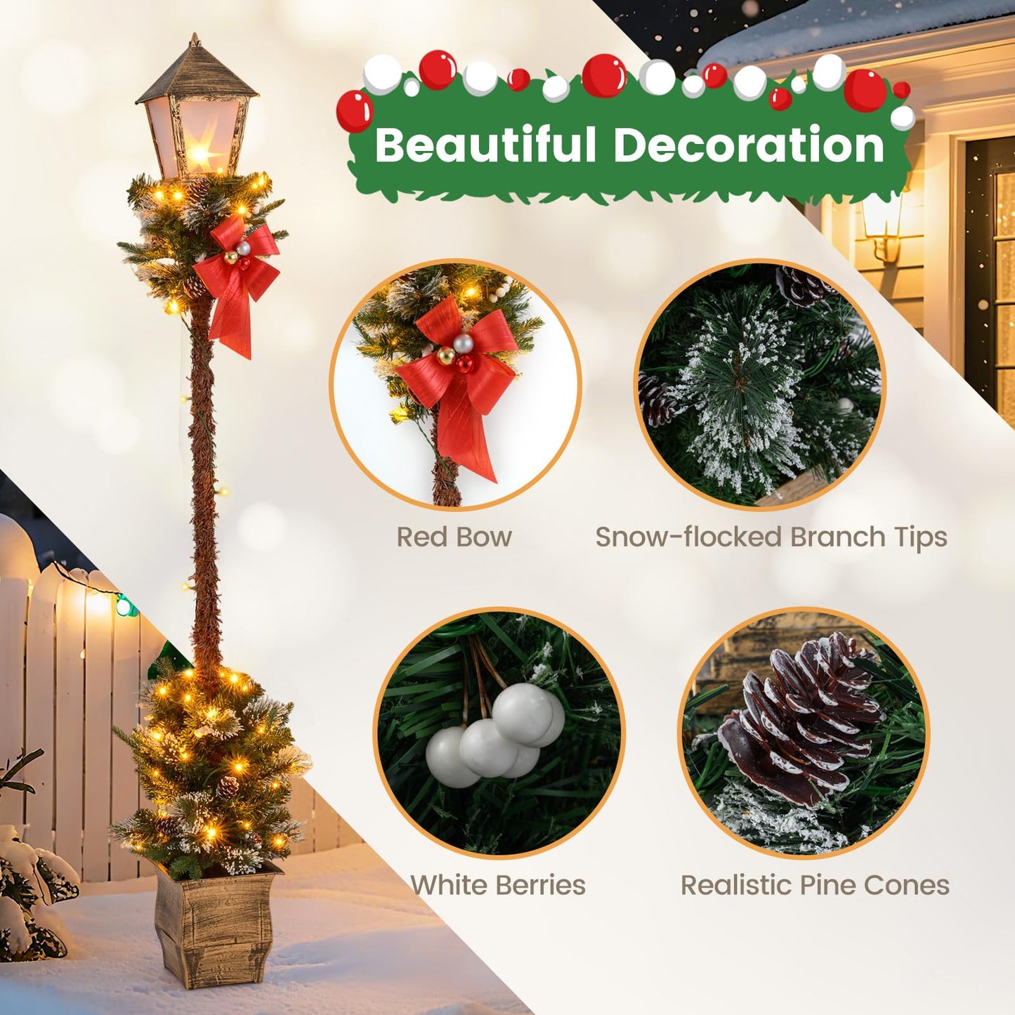 6.1 FT Christmas Pre-lit Street Lamp with Artificial Greenery