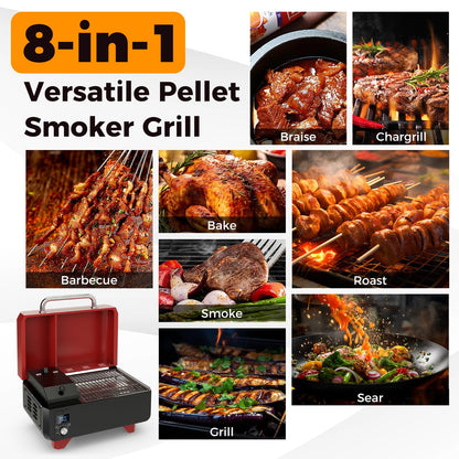 8-in-1 Portable Pellet Grill with Digital Control and Meat Probe for Backyard