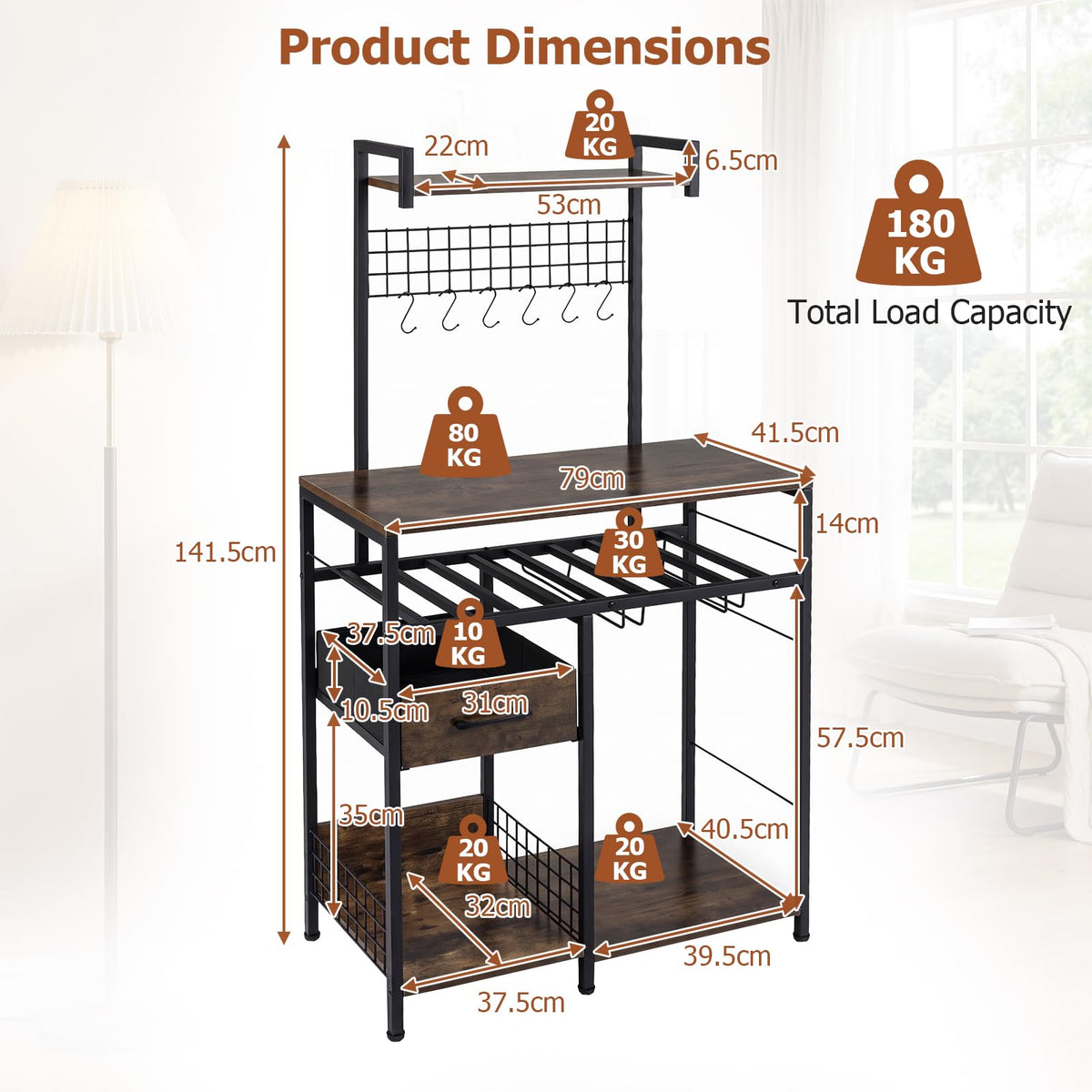 Baker's Rack, Microwave Stand with Wine Rack and Glass Holders