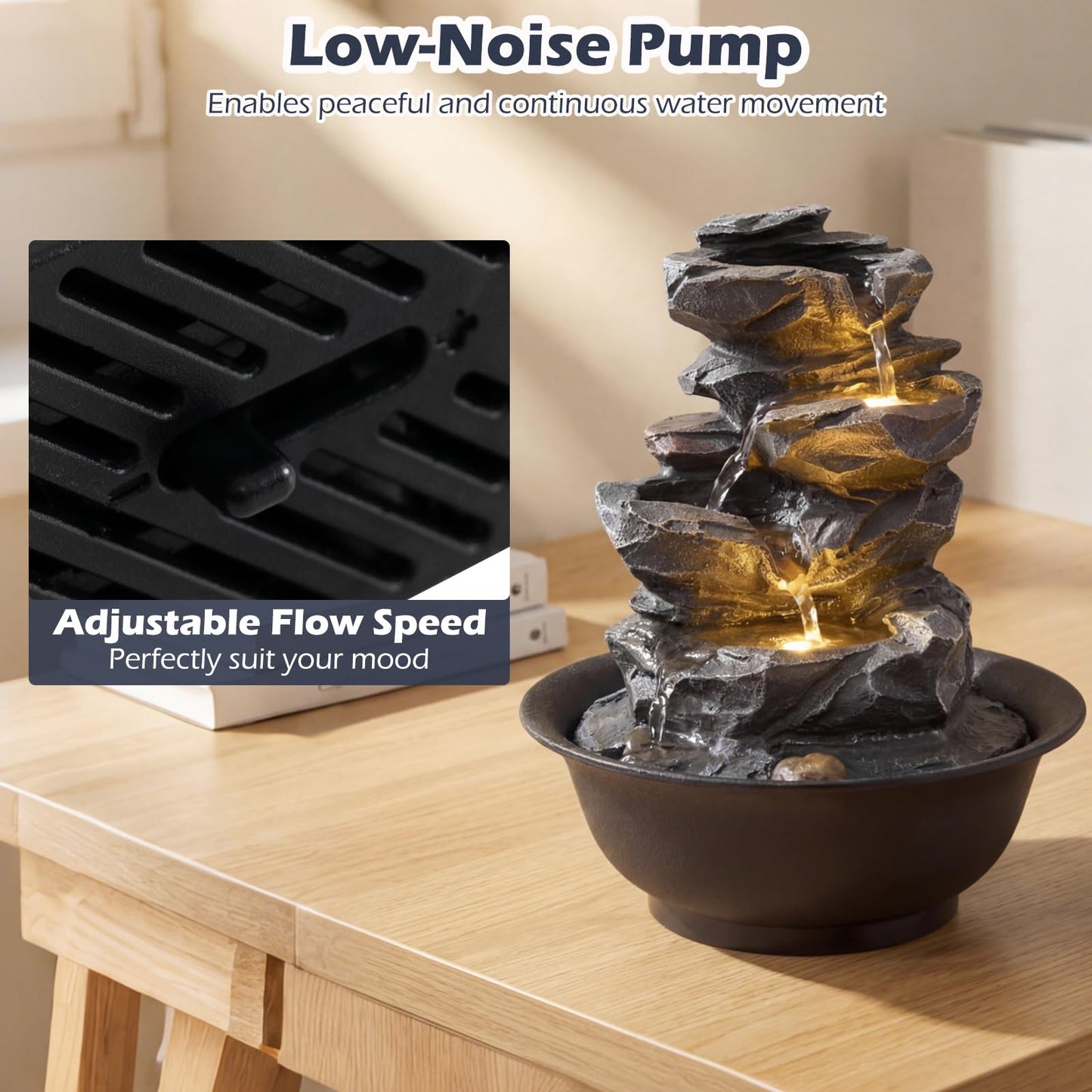 Indoor Water Fountain, Tabletop Indoor Water Feature with LED Light
