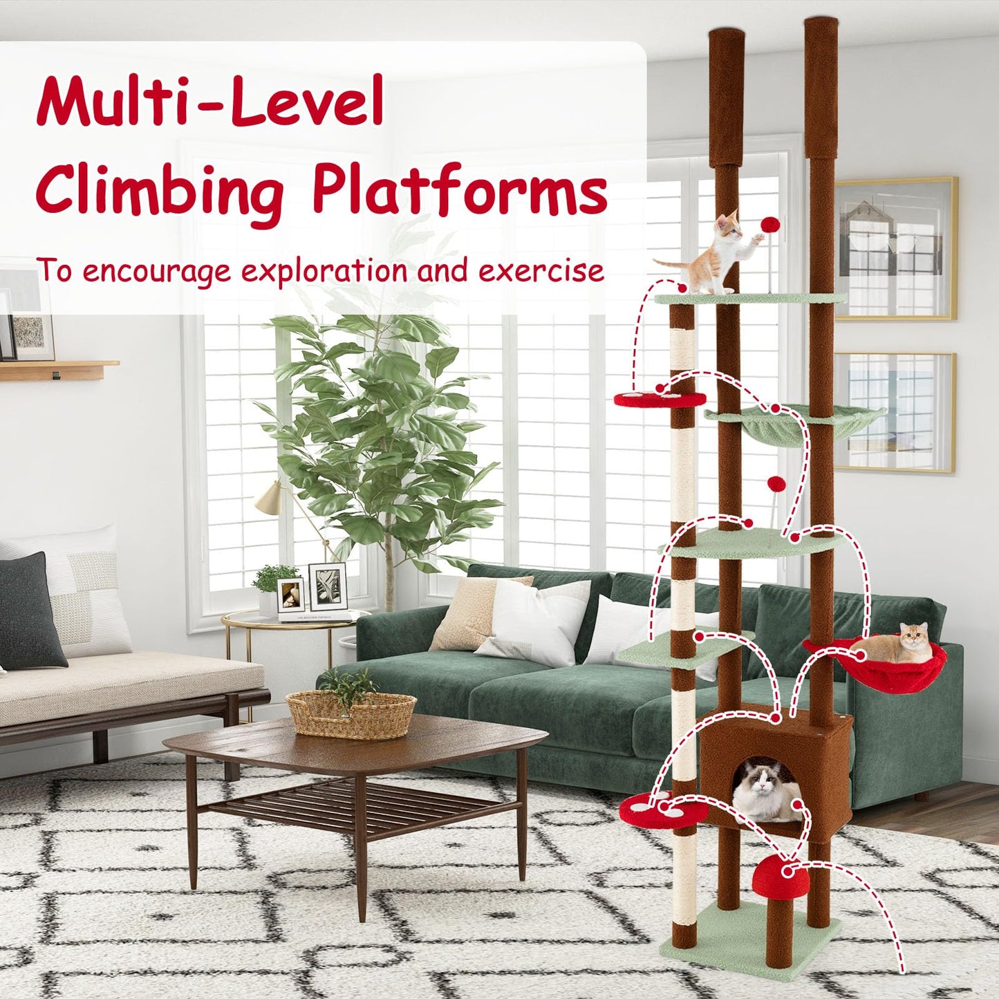 Floor to Ceiling Cat Tree, Tall Cat Tower with 202-224cm/238-265cm Adjustable Height