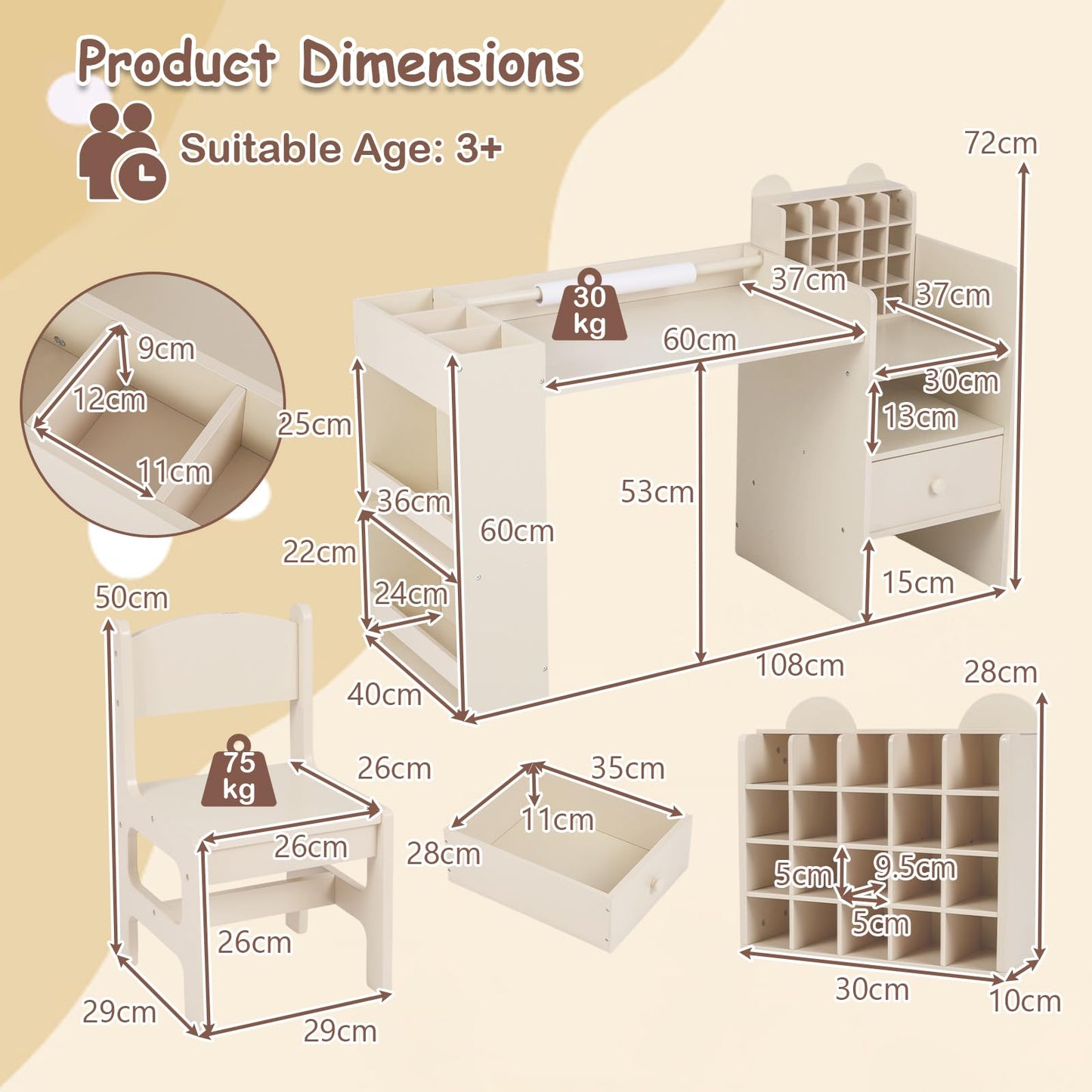Kids Art Table and Chair Set with Removable Paper Roll Holder