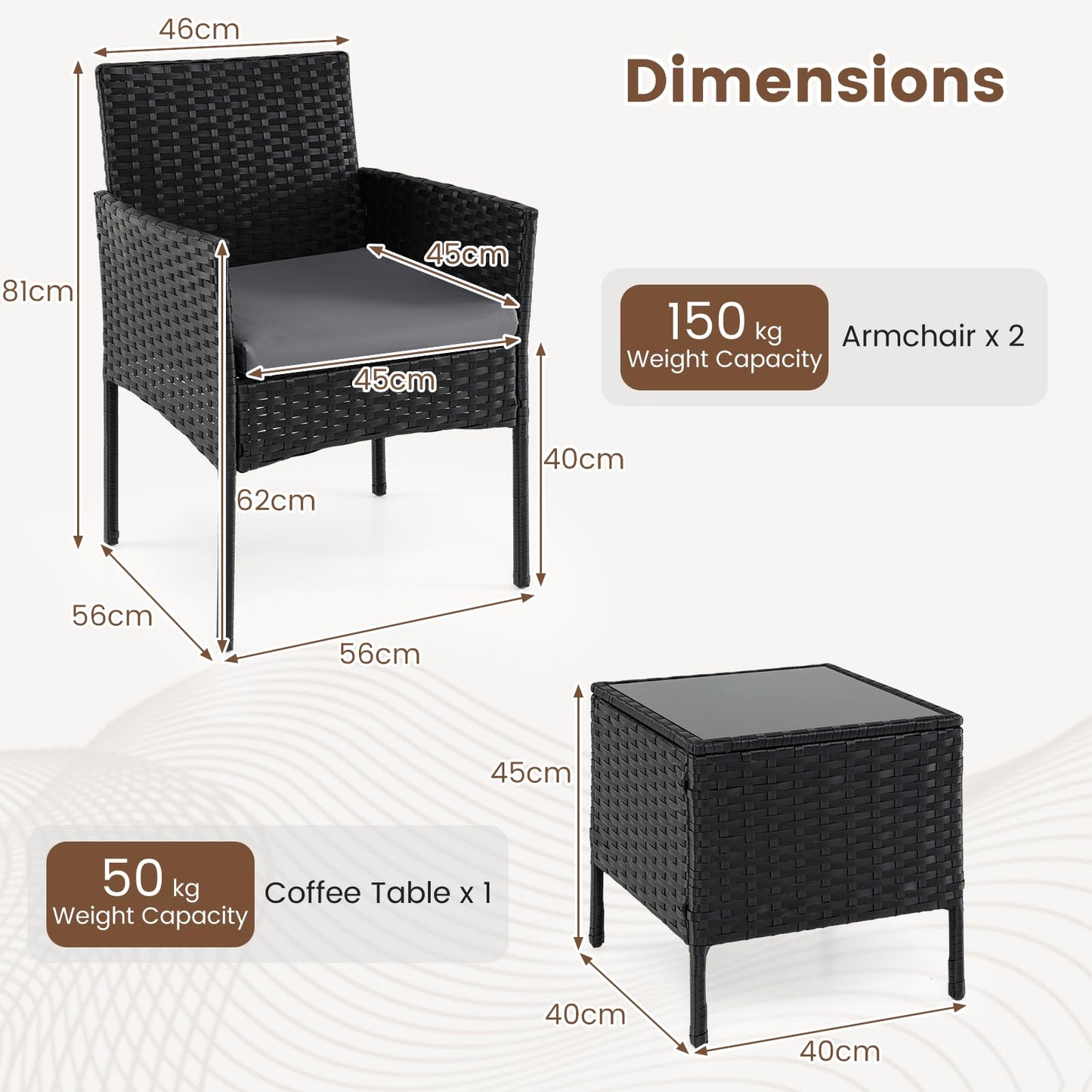 3-Piece Patio Bistro Set, PE Rattan Furniture Set with Soft Cushions & Tempered Glass Top Table