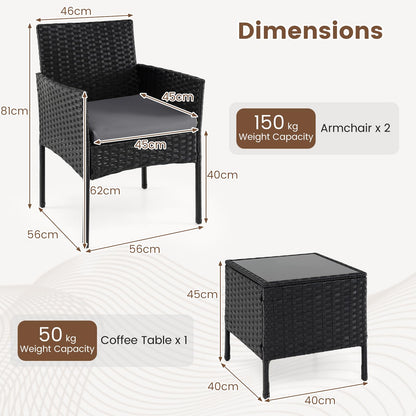 3-Piece Patio Bistro Set, PE Rattan Furniture Set with Soft Cushions & Tempered Glass Top Table