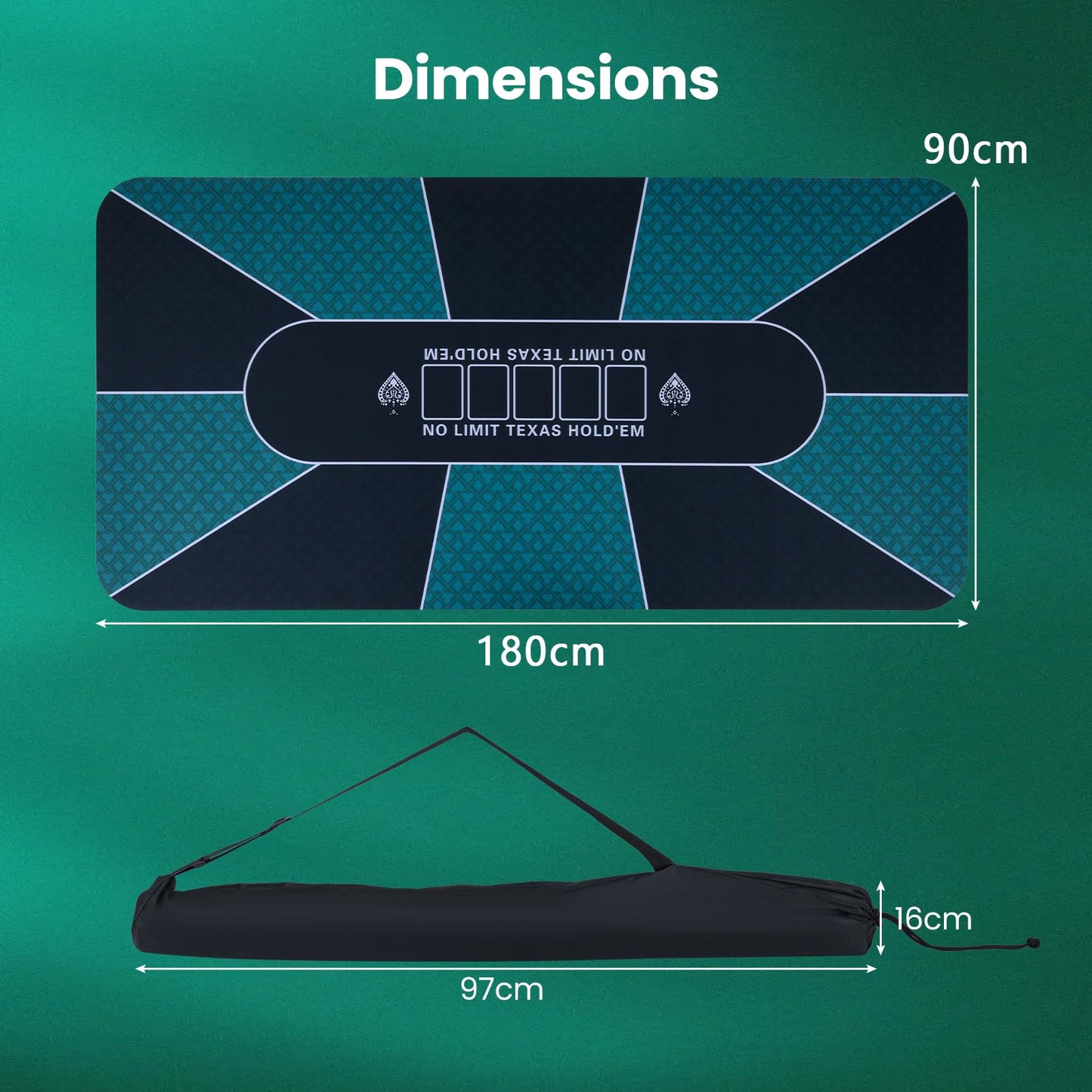 Poker Mat 180 x 90cm, 10 Players Texas Hold'em Poker Table Mat Topper