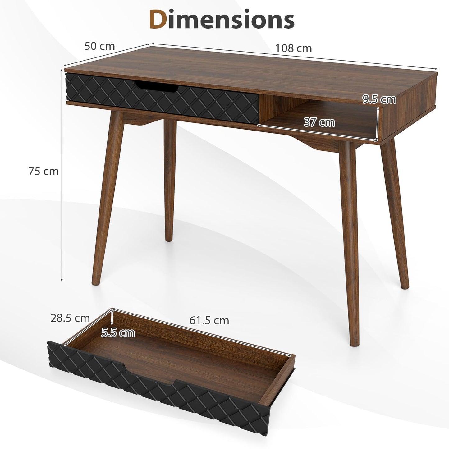Wooden Computer Desk, 108cm Mid-Century PC Laptop Table Writing Workstation