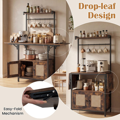 Kitchen Bakers Rack with Drop Leaf, Power Outlet & Rattan Doors