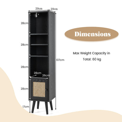 Freestanding Slim Cabinet with Rattan Door and Solid Wood Legs