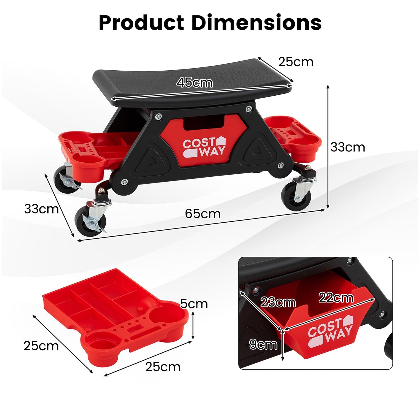 Heavy-Duty Garage Stool on Wheels with Slide Out Drawer and 2 Partition Trays