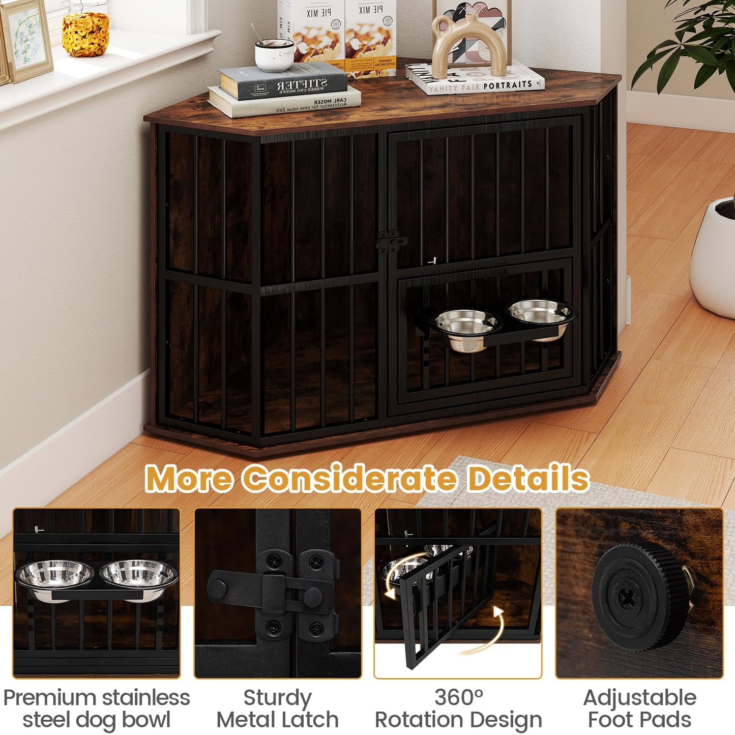 Corner Dog Crate Space Saving Dog Cage with Adjustable Feeder
