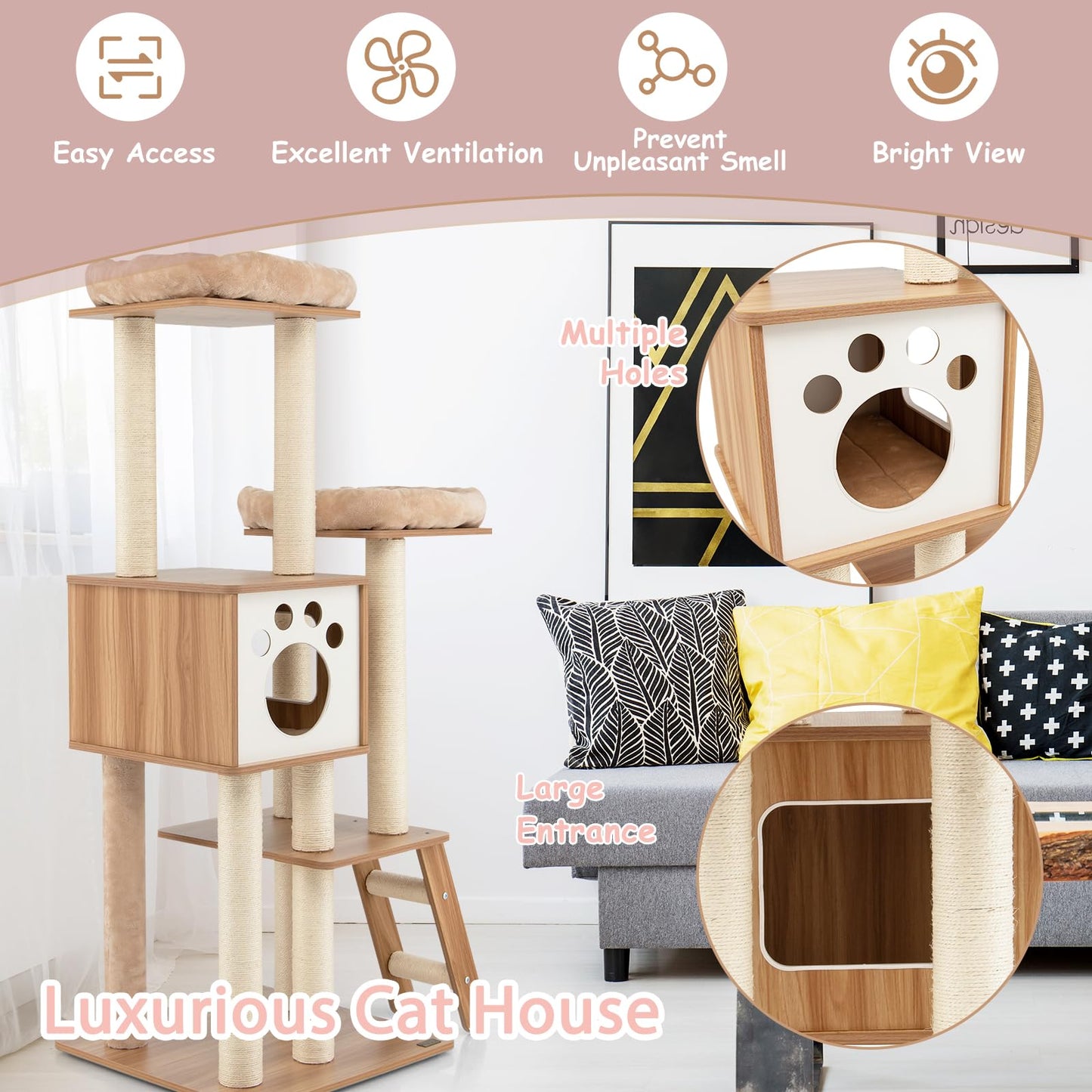 5-Tier Cat Tree Tower with Cando and 2 Padded Plush Perches