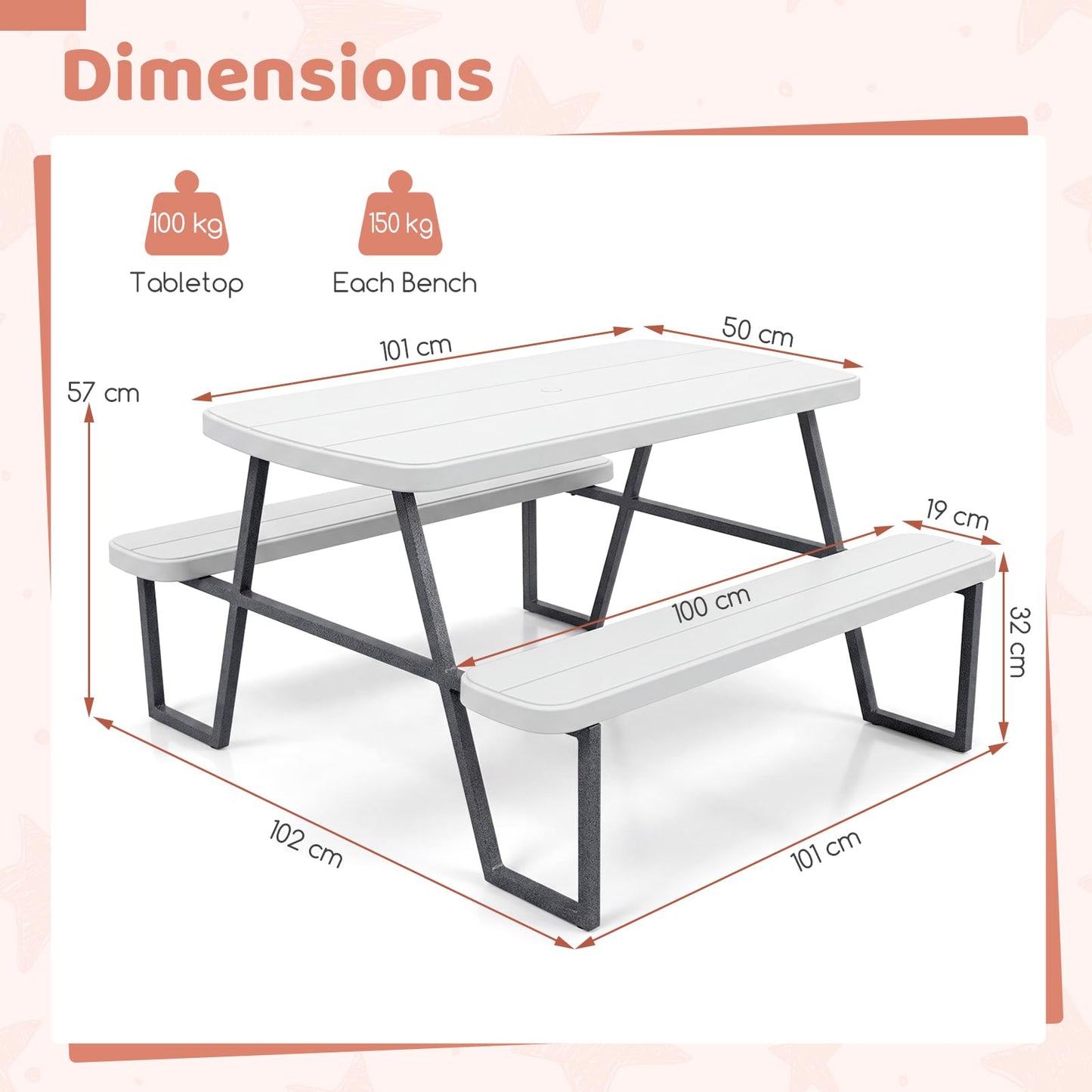 Camping Table and Chairs with Umbrella Hole and Metal Frame for Boys Girls Ages 3-8