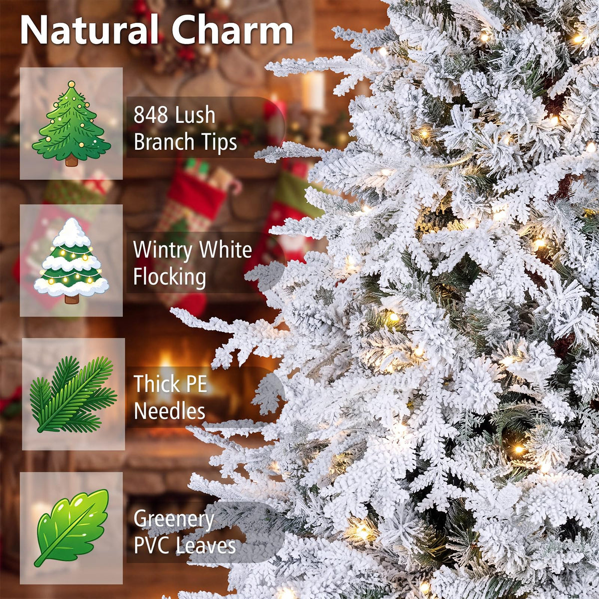 5/6FT Pre-lit Artificial Christmas Tree, Snow Flocked Full Xmas Tree