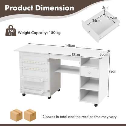 Folding Sewing Table with Storage Shelves and Trays
