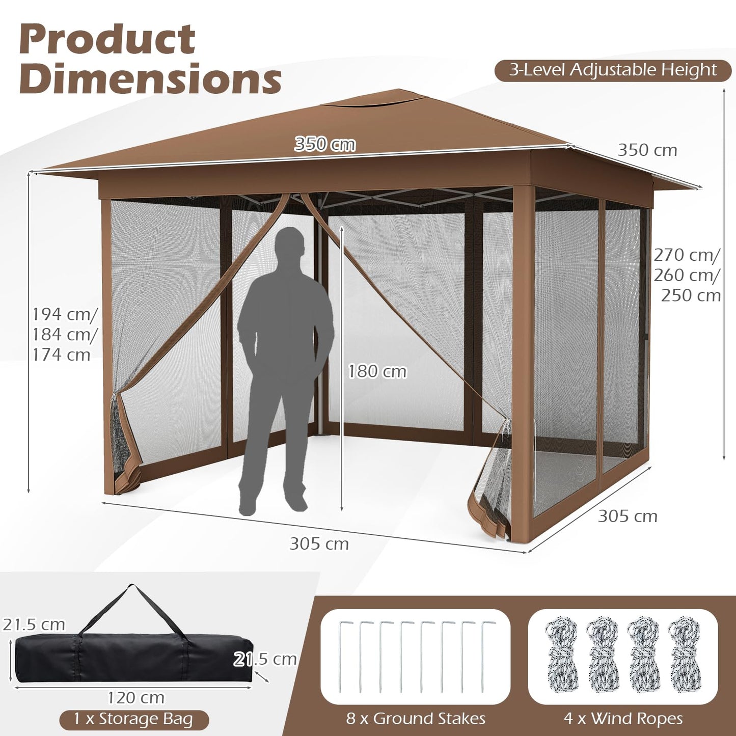Pop up Gazebo, UPF50+ Sun-Protective Height Adjustable Pavilion Canopy Tent