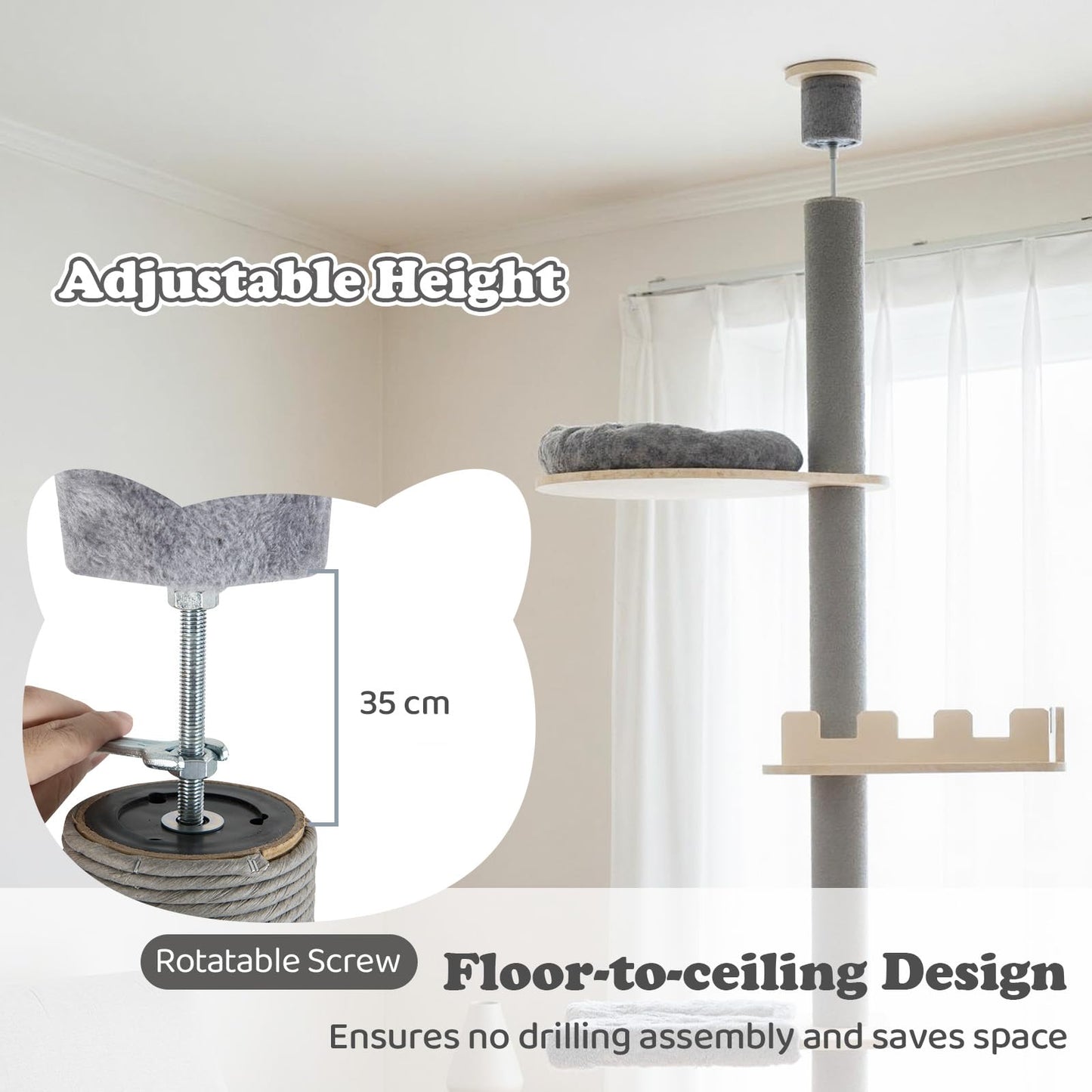 Floor to Ceiling Cat Tree, 5 Tier Tall Cat Tower with 236-271cm Adjustable Height