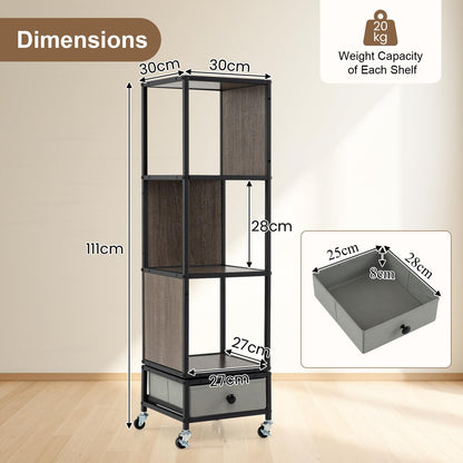 4-Tier Rotating Bookshelf, 360° Spinning Bookcase Tower with Wheels and Removable Fabric Storage Drawer