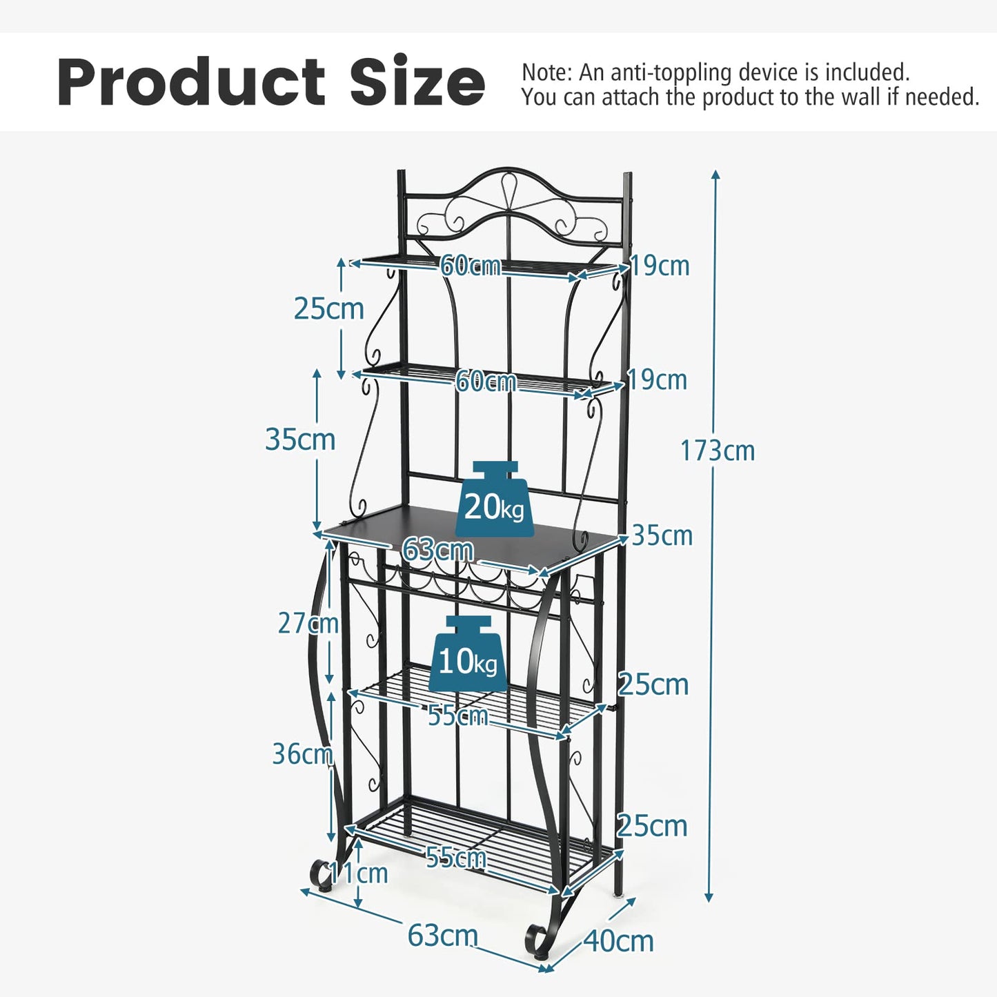 5-Tier Freestanding Baker's Rack with Wine Rack and Adjustable Foot Pads