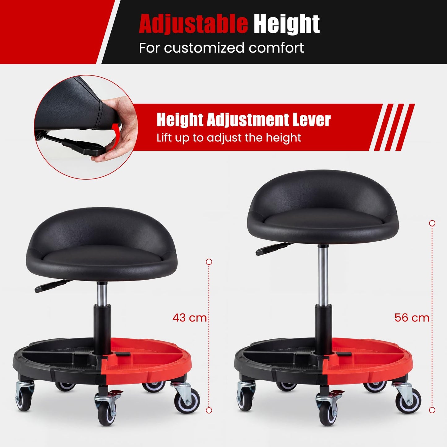150 KG Max Weight Capacity 360° Rolling Mechanic Stool with Tool Storage Tray Backrest