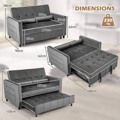2-Seater Convertible Pull Out Sofa Bed with Adjustable Backrest and Pillows