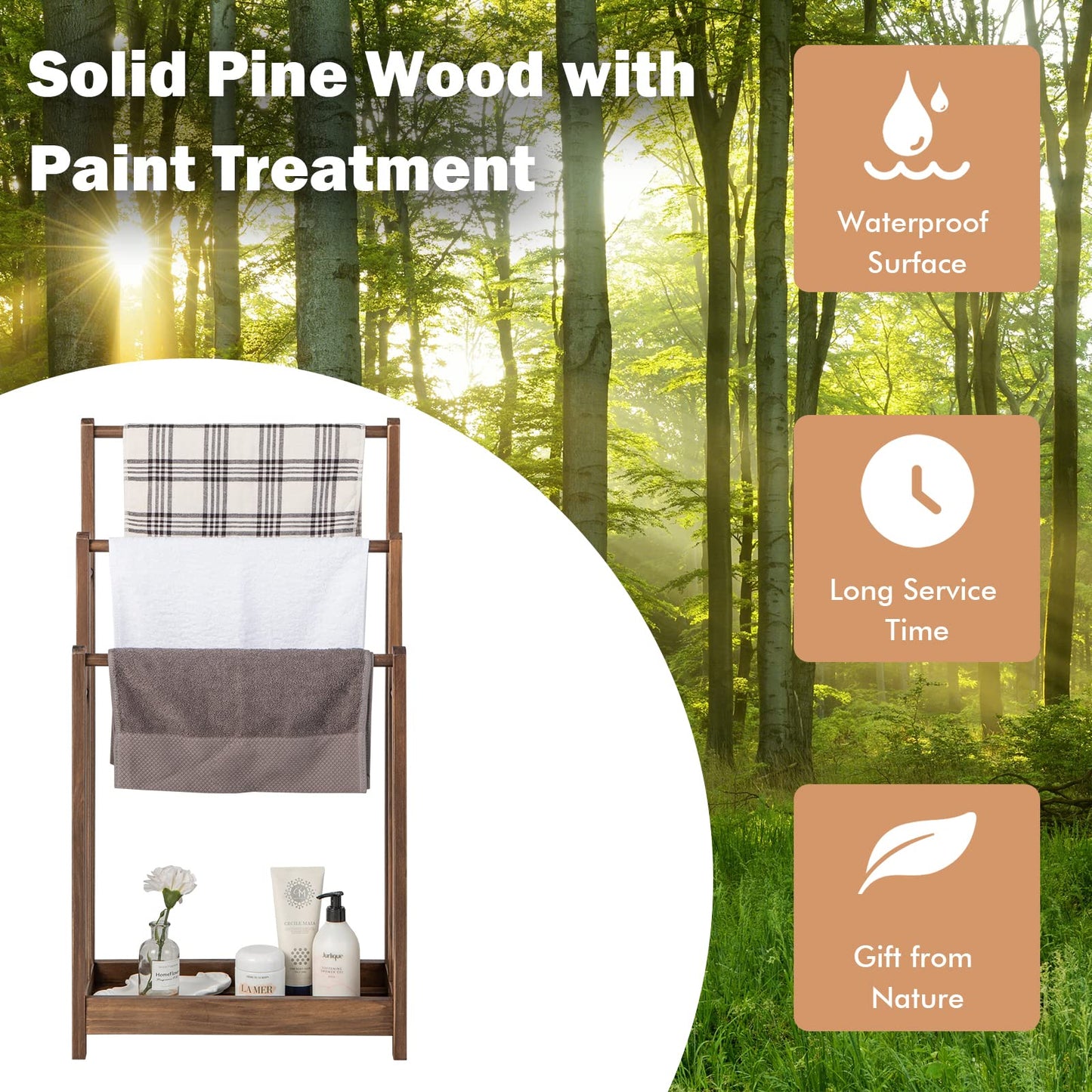 Solid Wood Towel Holder Drying Stand with 3 Towel Rails and Storage Shelf