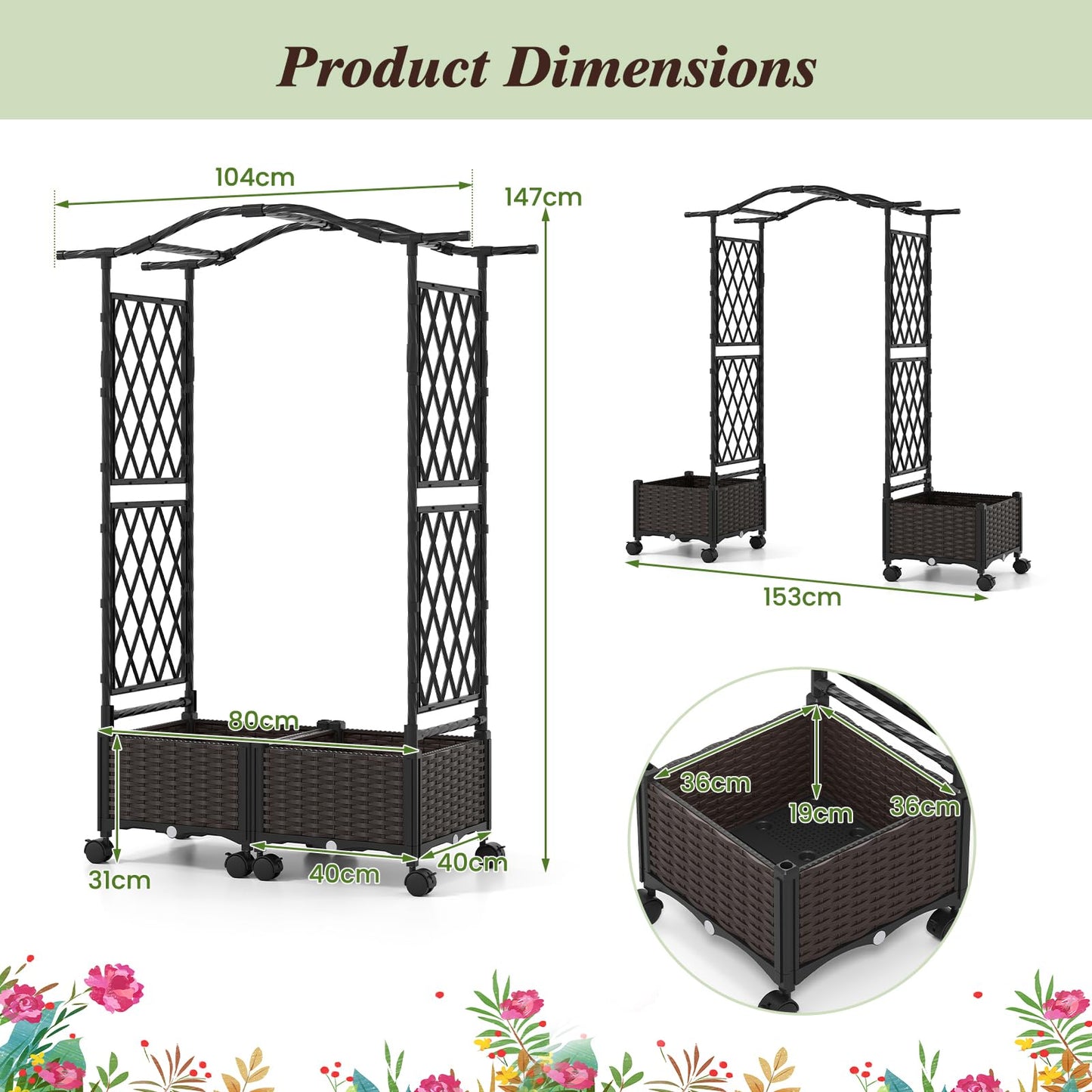 Garden Planter with Trellis & Roof, Self-Watering Raised Garden bed on Lockable Wheels