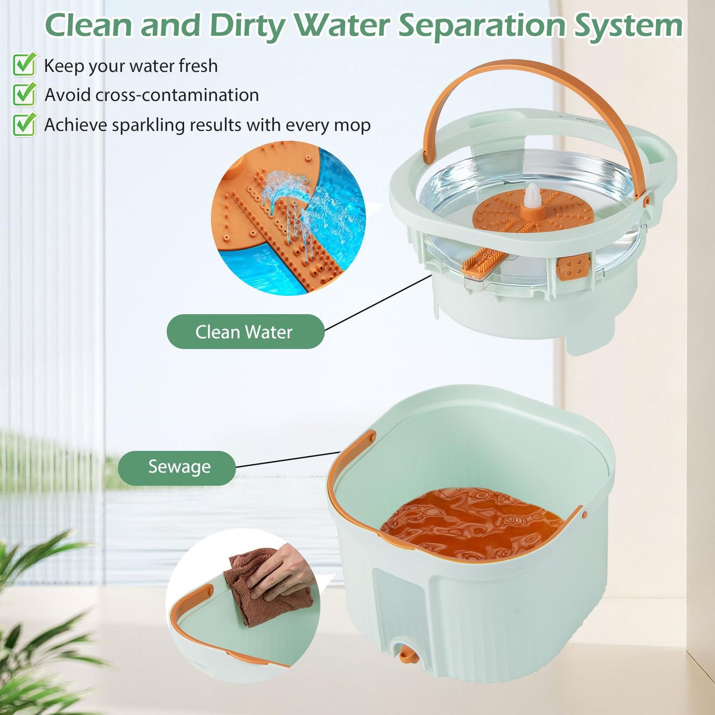 Spin Mop and Bucket Set Separation Dirty and Clean Water System