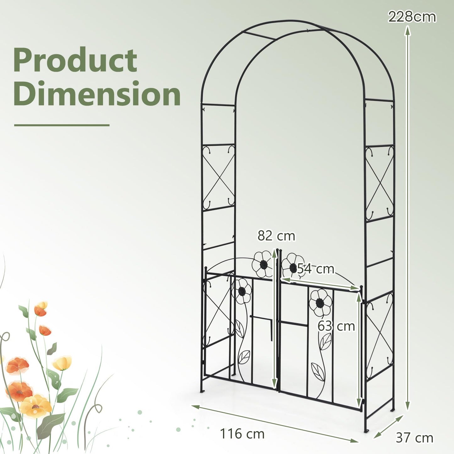 Garden Arch with Gate, Metal Pergola Arbor Trellis for Climbing Plant Rose Vines
