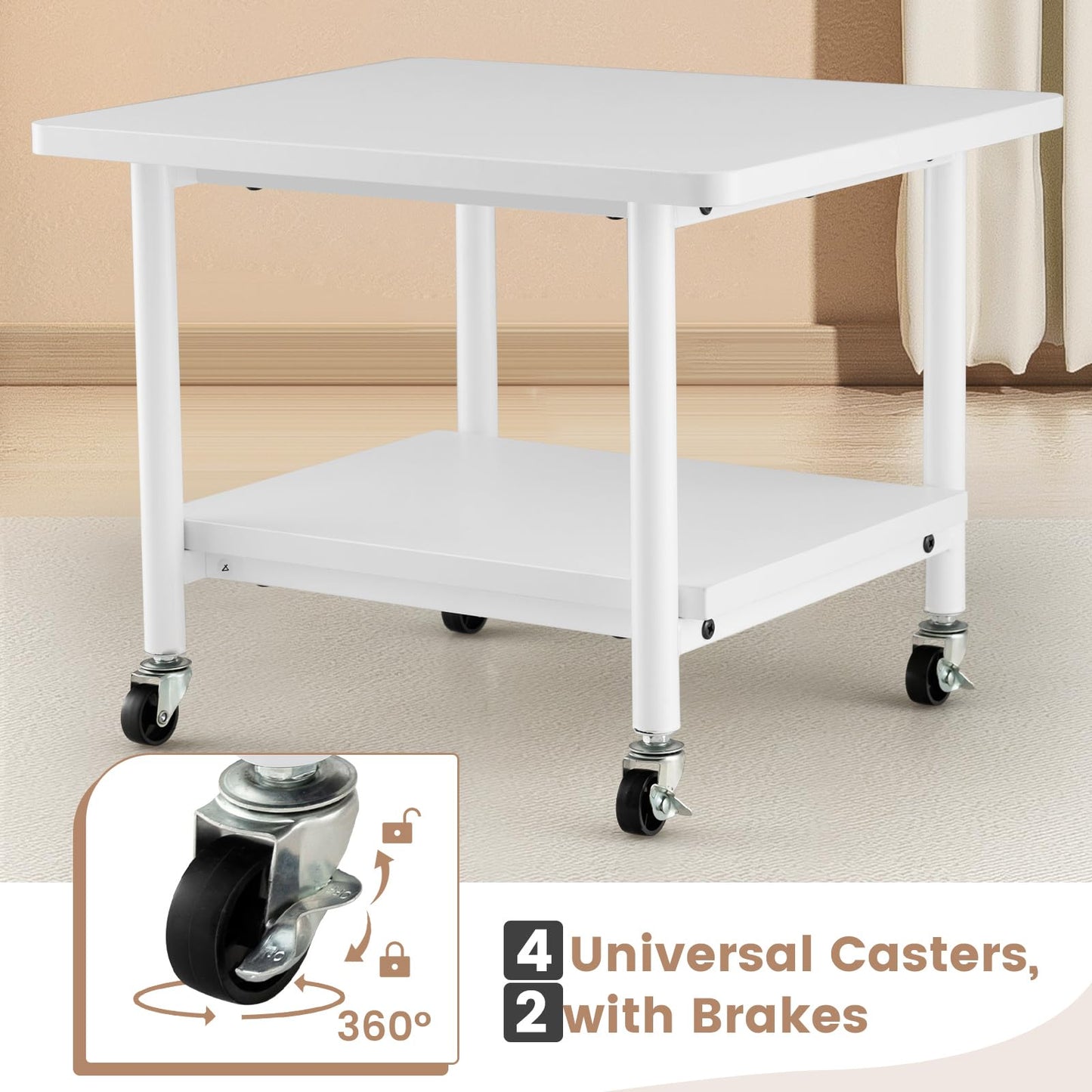 2 Tier Wooden Printer Stand with 360° Swivel Casters