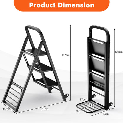 2-In-1 Hand Truck and Ladder Foldable 3-Step Ladder with Non-slip Wide Pedals