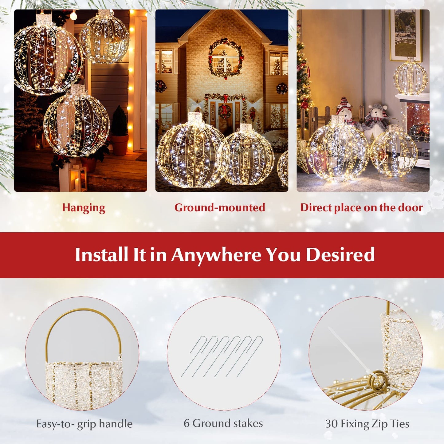 3 Pieces Christmas LED Ball Lights with 30 Cable Ties for Tree Lawn Garden