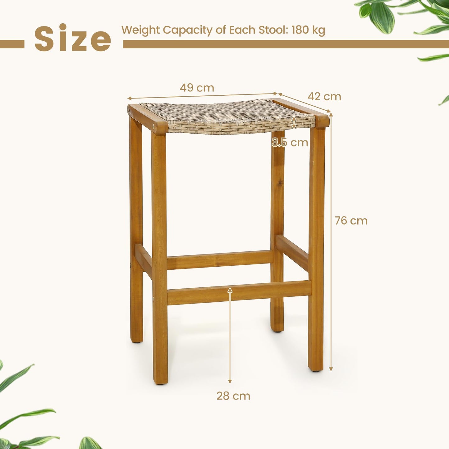 GiantexUK Rattan Garden Bar Stools Set of 2, Acacia Wood Patio Chairs with Curved Seat