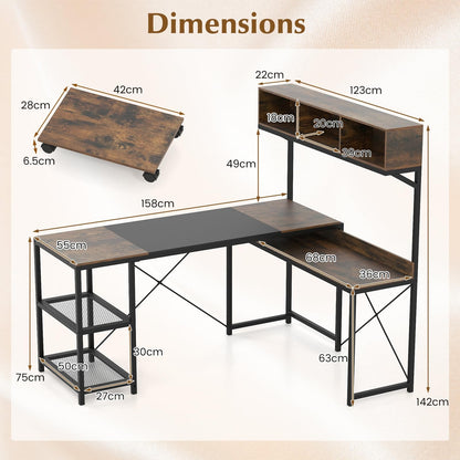 L-Shaped Computer Desk with Storage Hutch, 158 x 123 cm Reversible Study Writing Workstation
