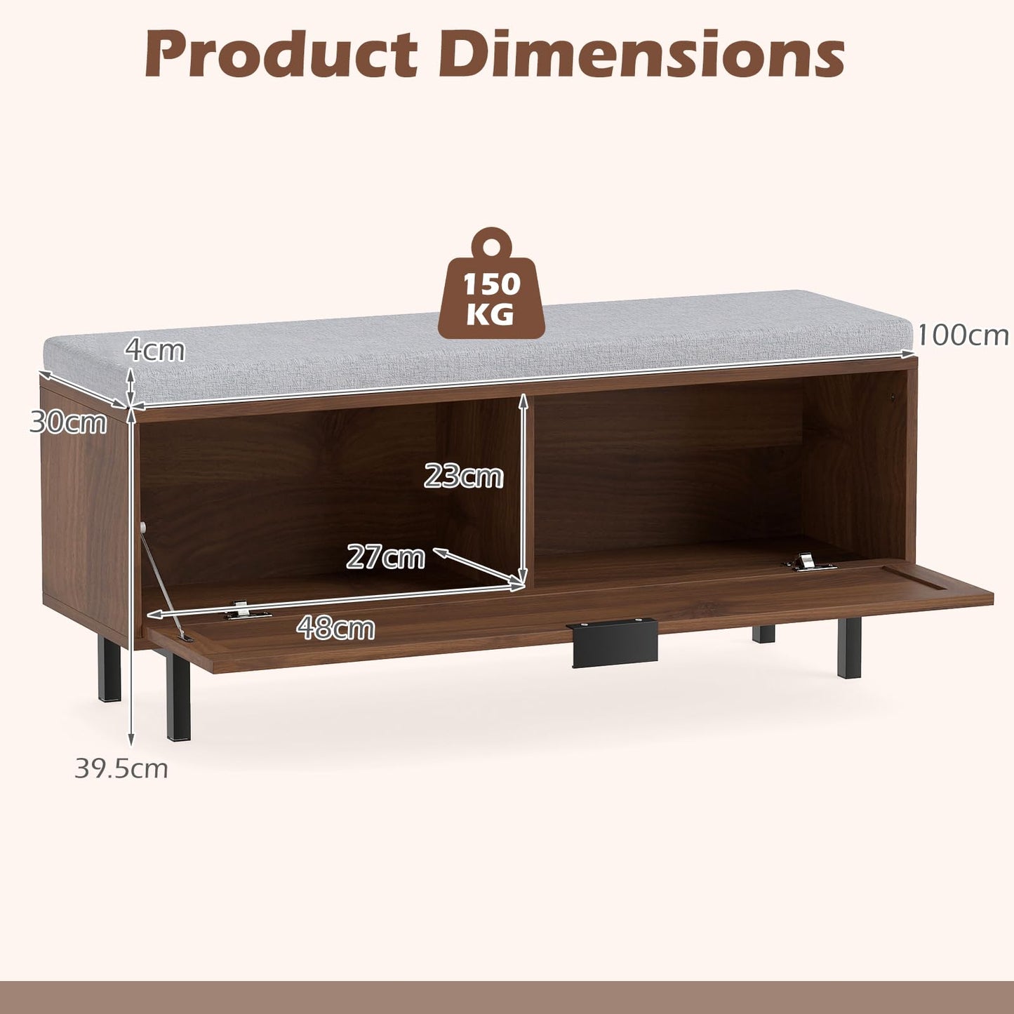 Shoe Storage Bench with Cushion and Flip-Down Rattan Door, Brow