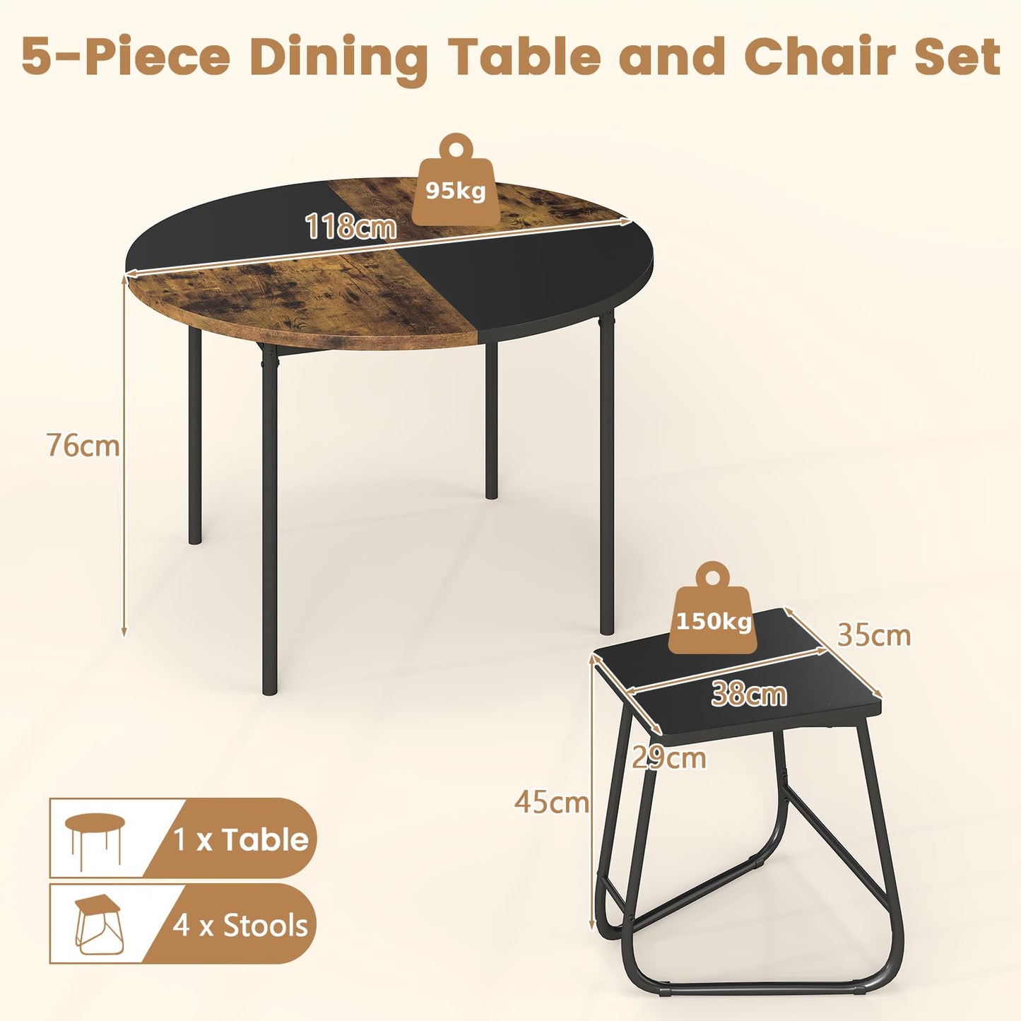 5 Piece Dining Table Set, Round Kitchen Table and Stools