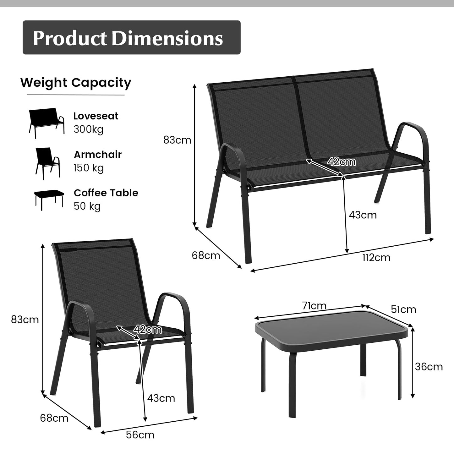 4-Piece Garden Furniture Set, Metal Frame Patio Conversation Set with Loveseat