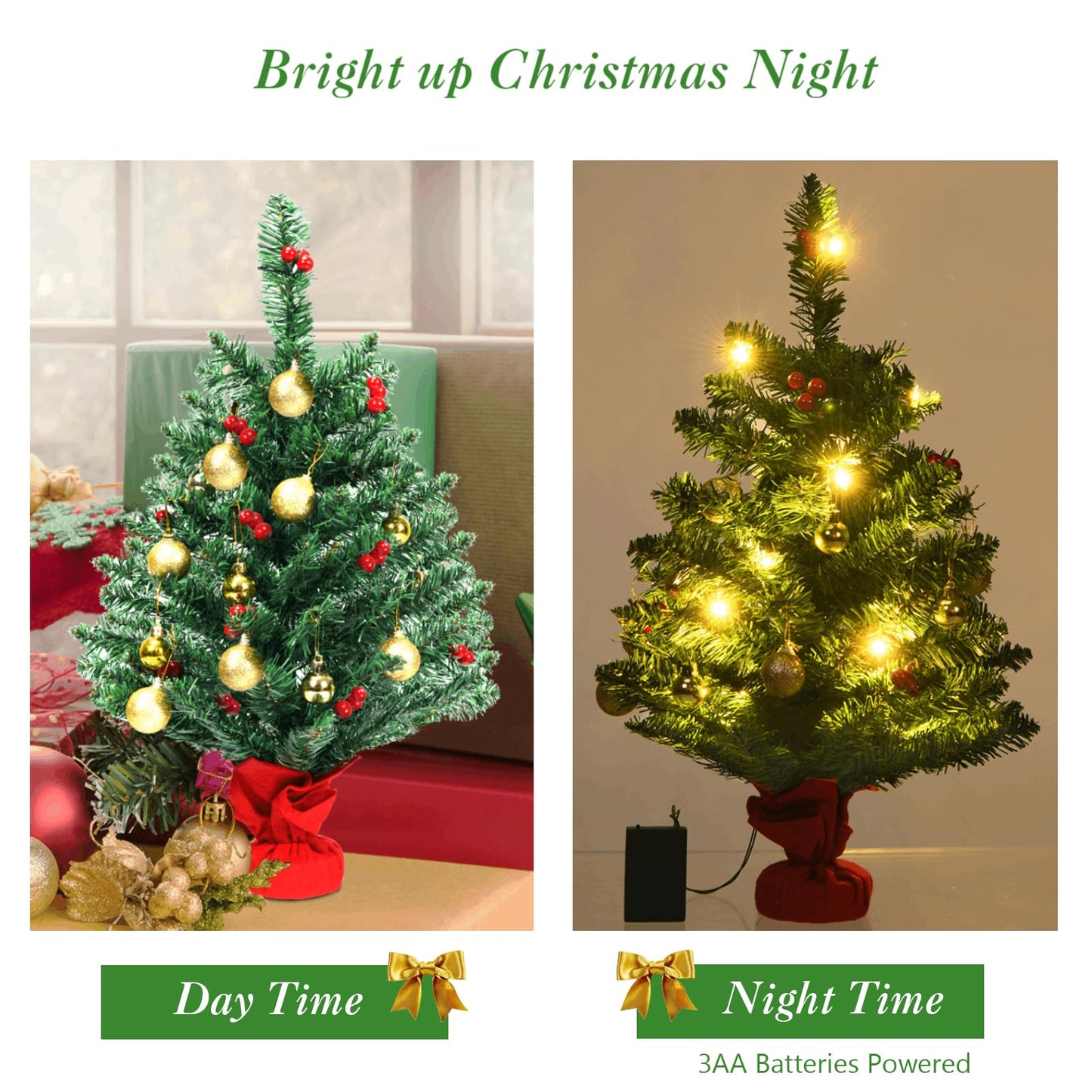 2FT 60cm PVC Artificial Christmas Tree with LED Lights